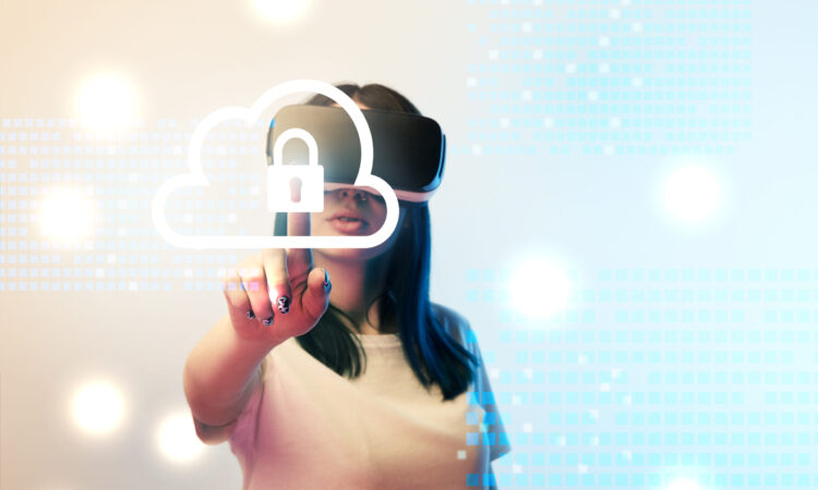 young woman in virtual reality headset pointing with finger at internet security illustration on